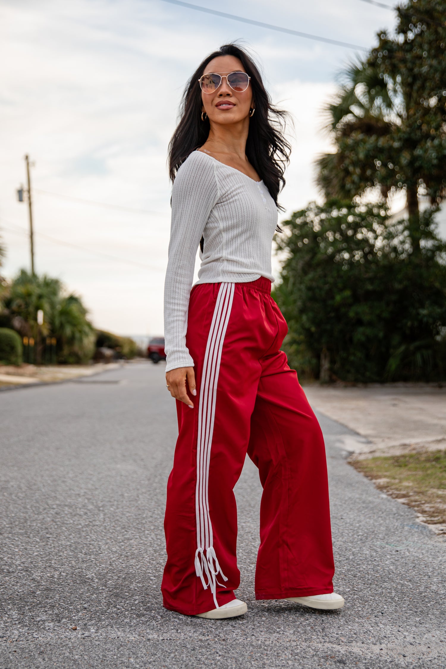 Tied to Perfection Red Side-Stripe Track Pants