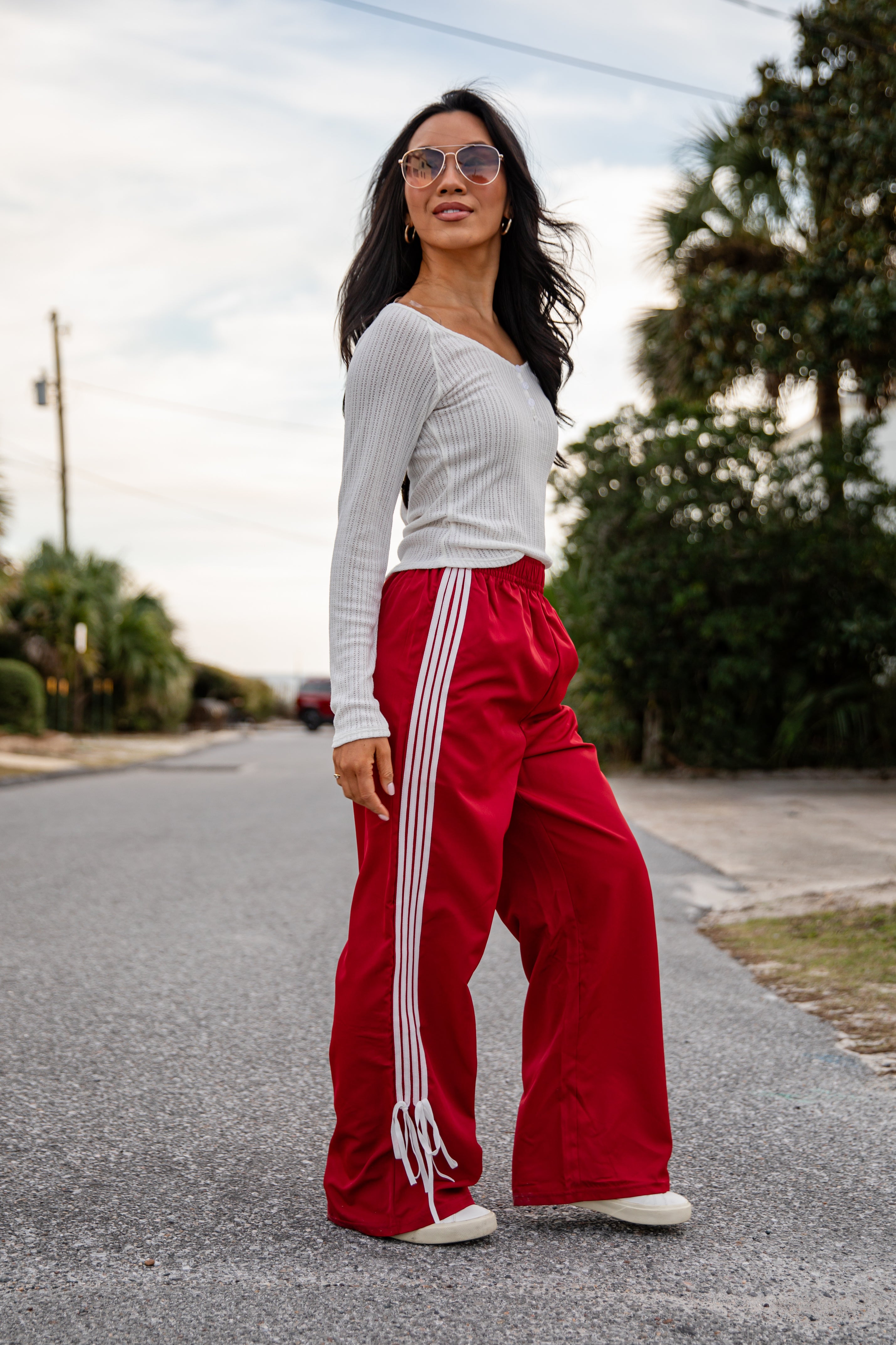 Tied to Perfection Red Side-Stripe Track Pants