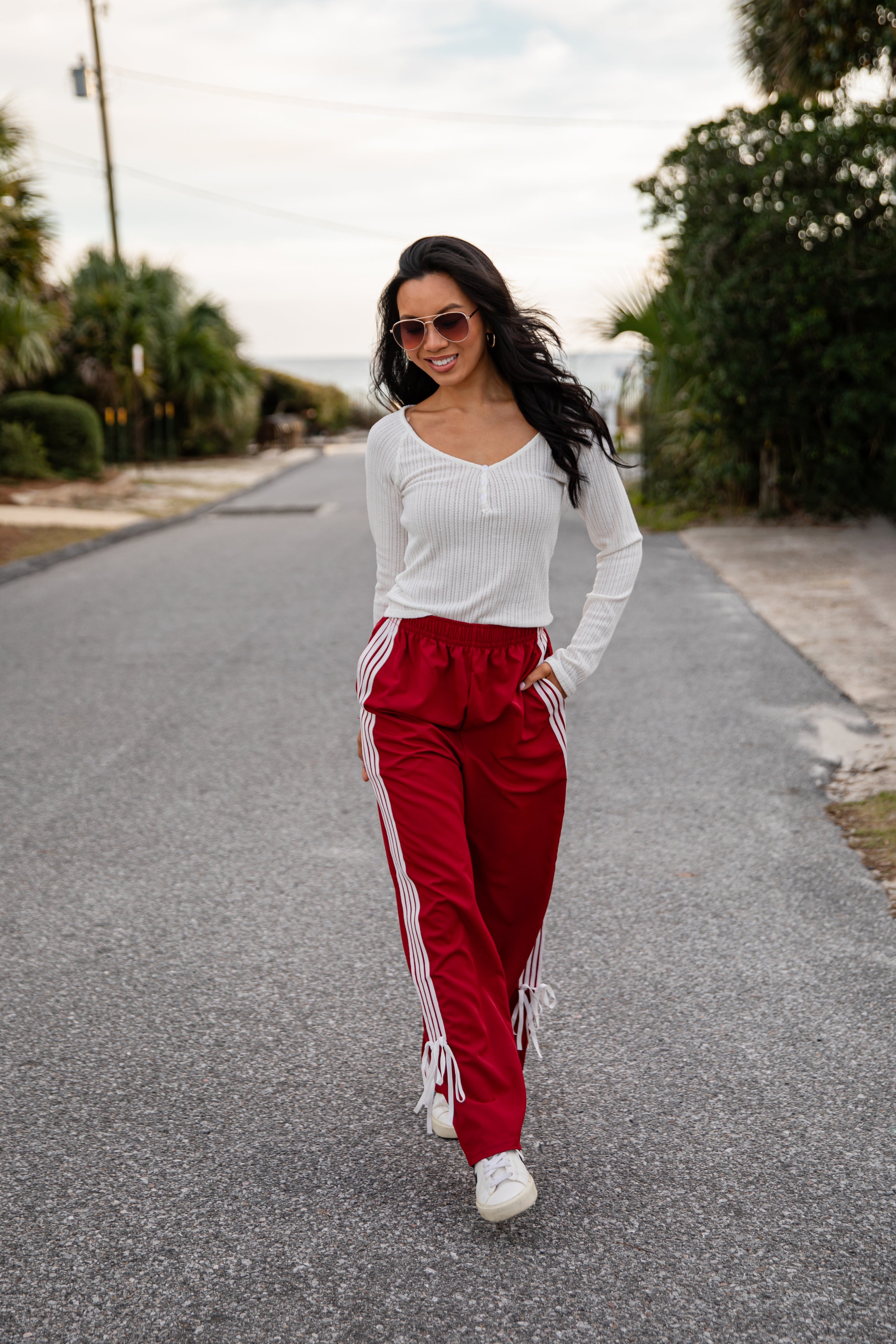 Tied to Perfection Red Side-Stripe Track Pants