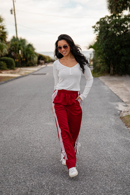 Tied to Perfection Red Side-Stripe Track Pants