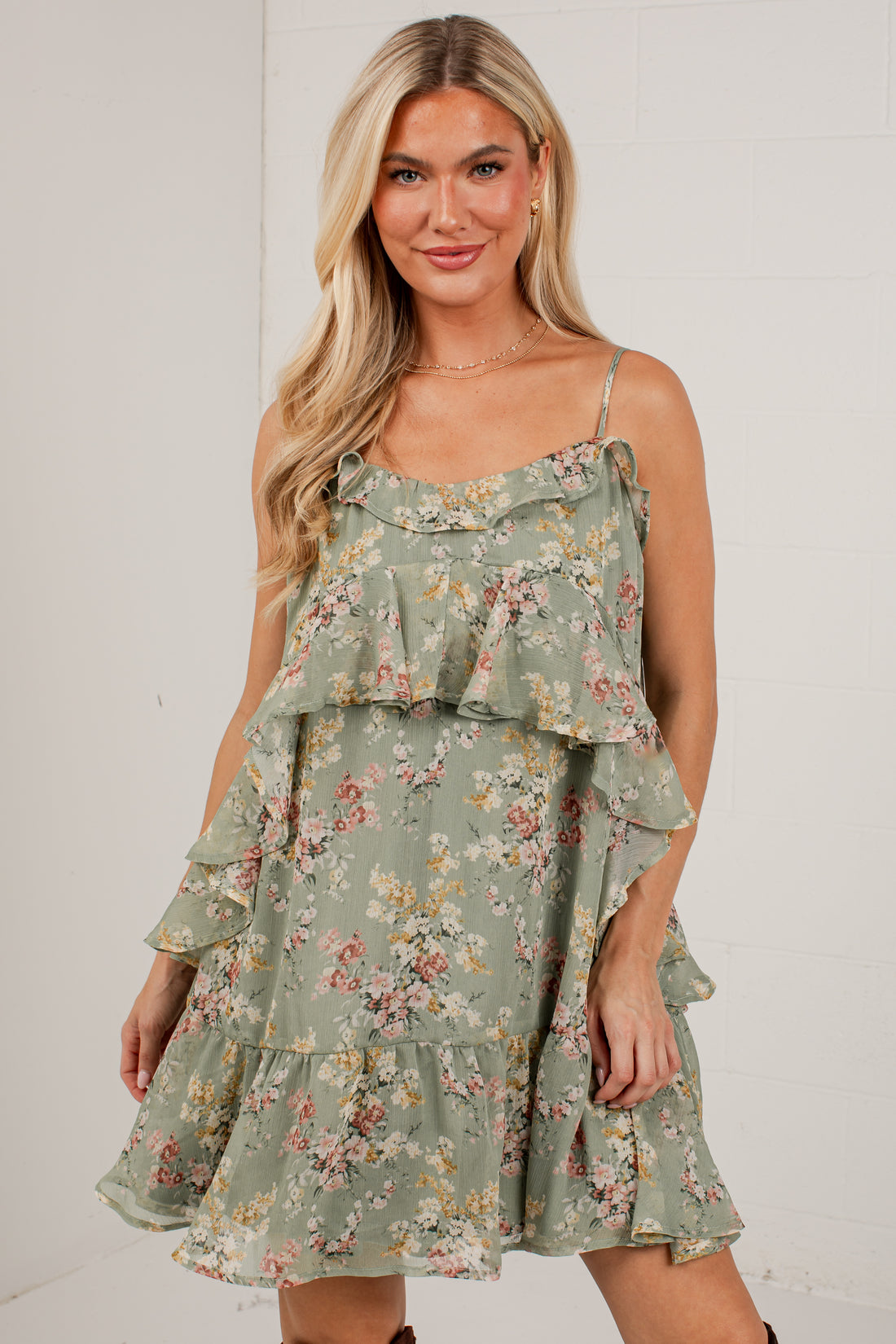 Falling Petals Sage Tiered Mini Dress