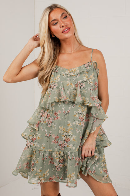 FINAL SALE - Falling Petals Sage Tiered Mini Dress