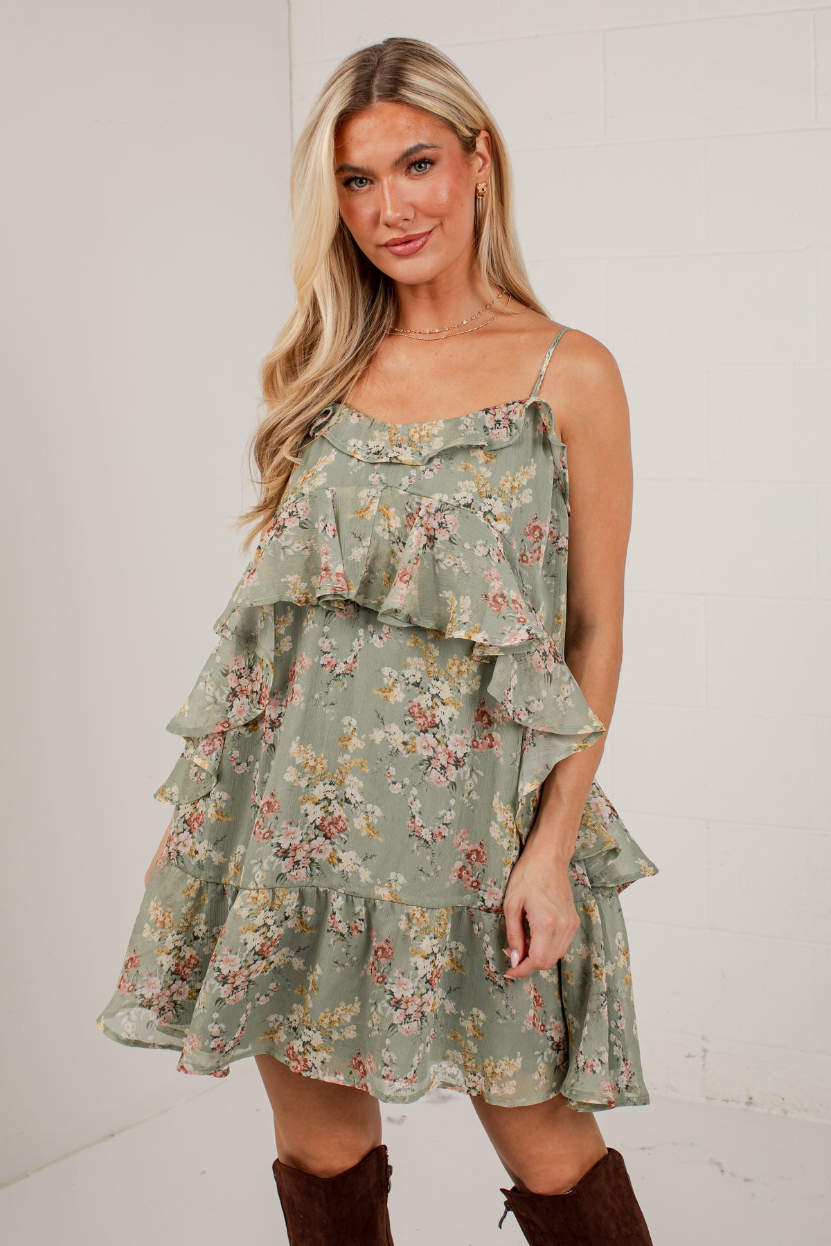 FINAL SALE - Falling Petals Sage Tiered Mini Dress