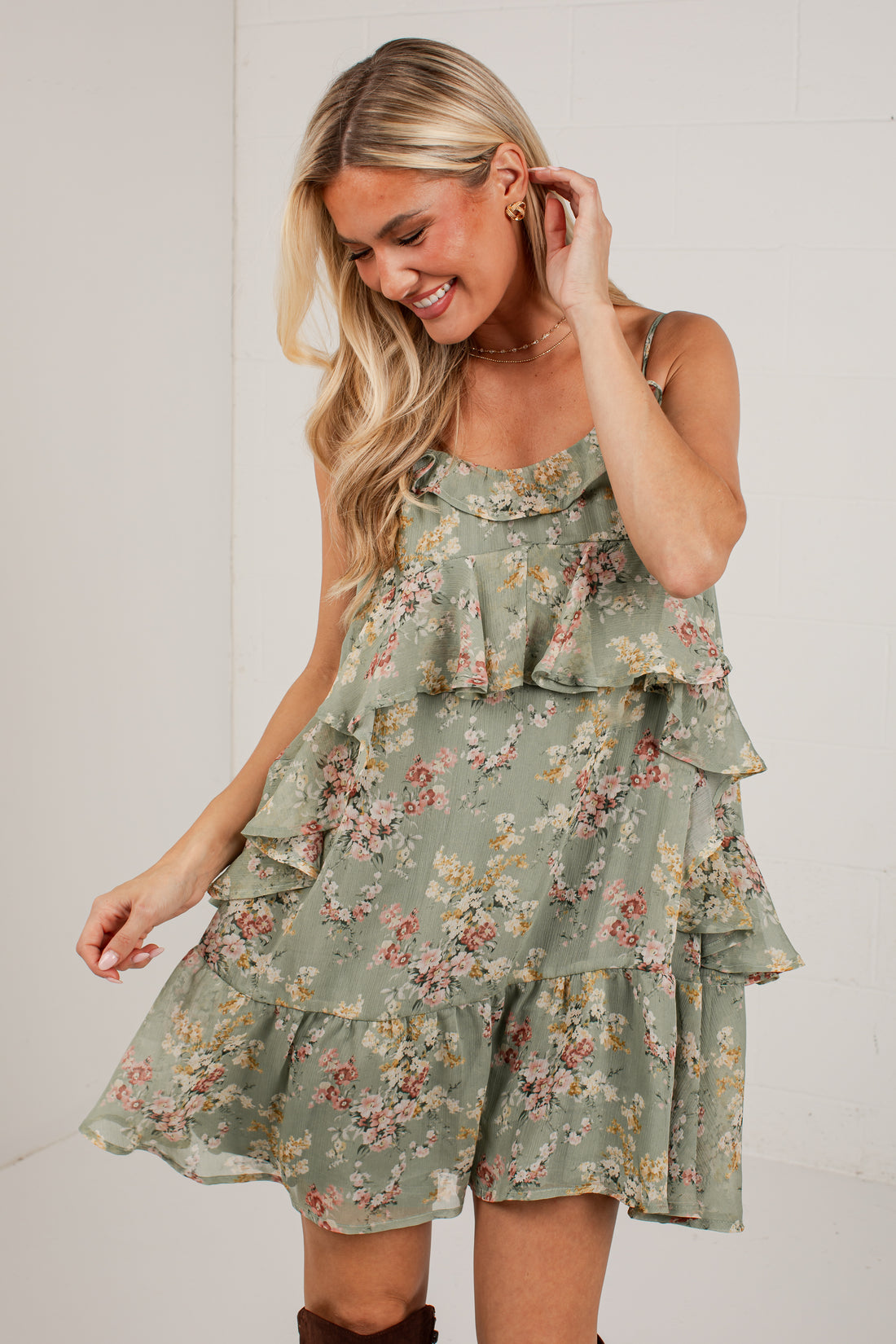 Falling Petals Sage Tiered Mini Dress