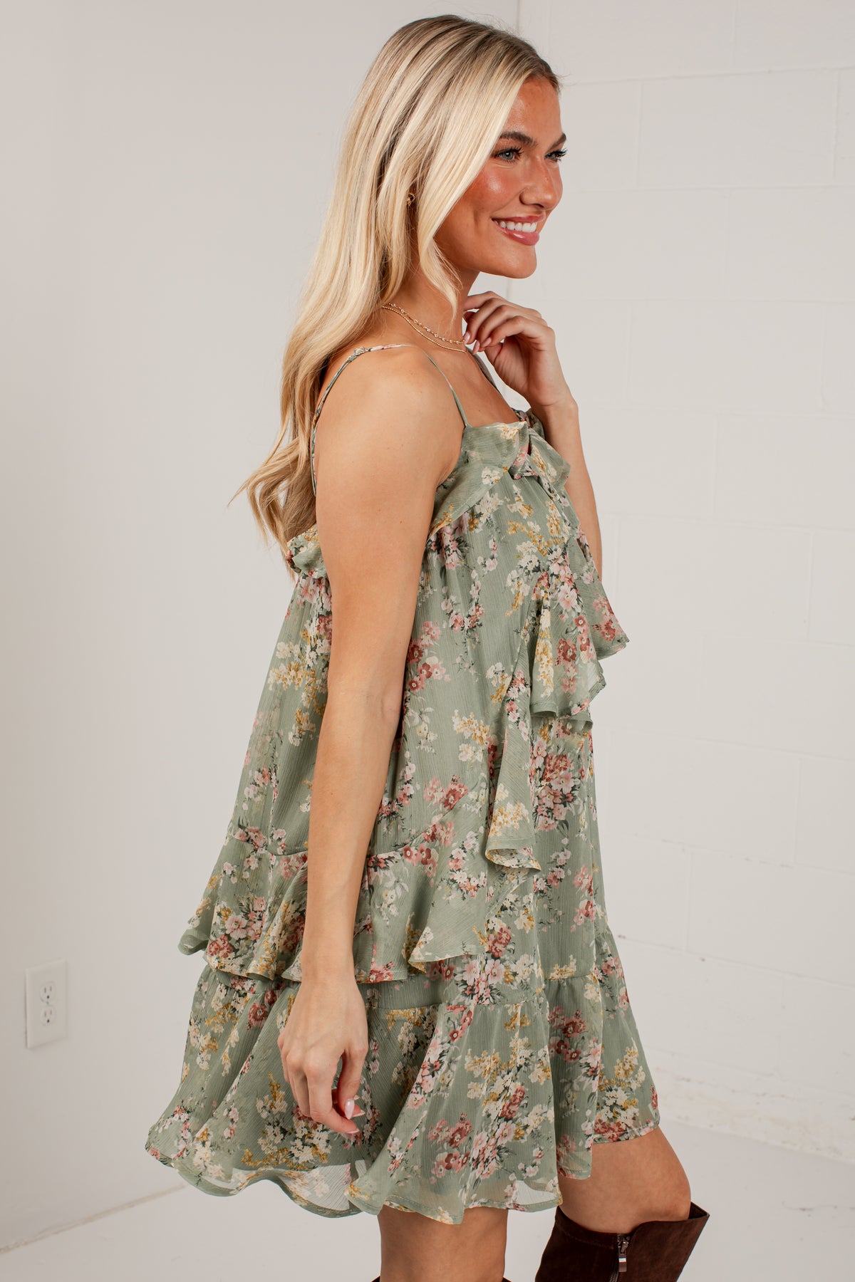 FINAL SALE - Falling Petals Sage Tiered Mini Dress