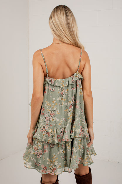 FINAL SALE - Falling Petals Sage Tiered Mini Dress