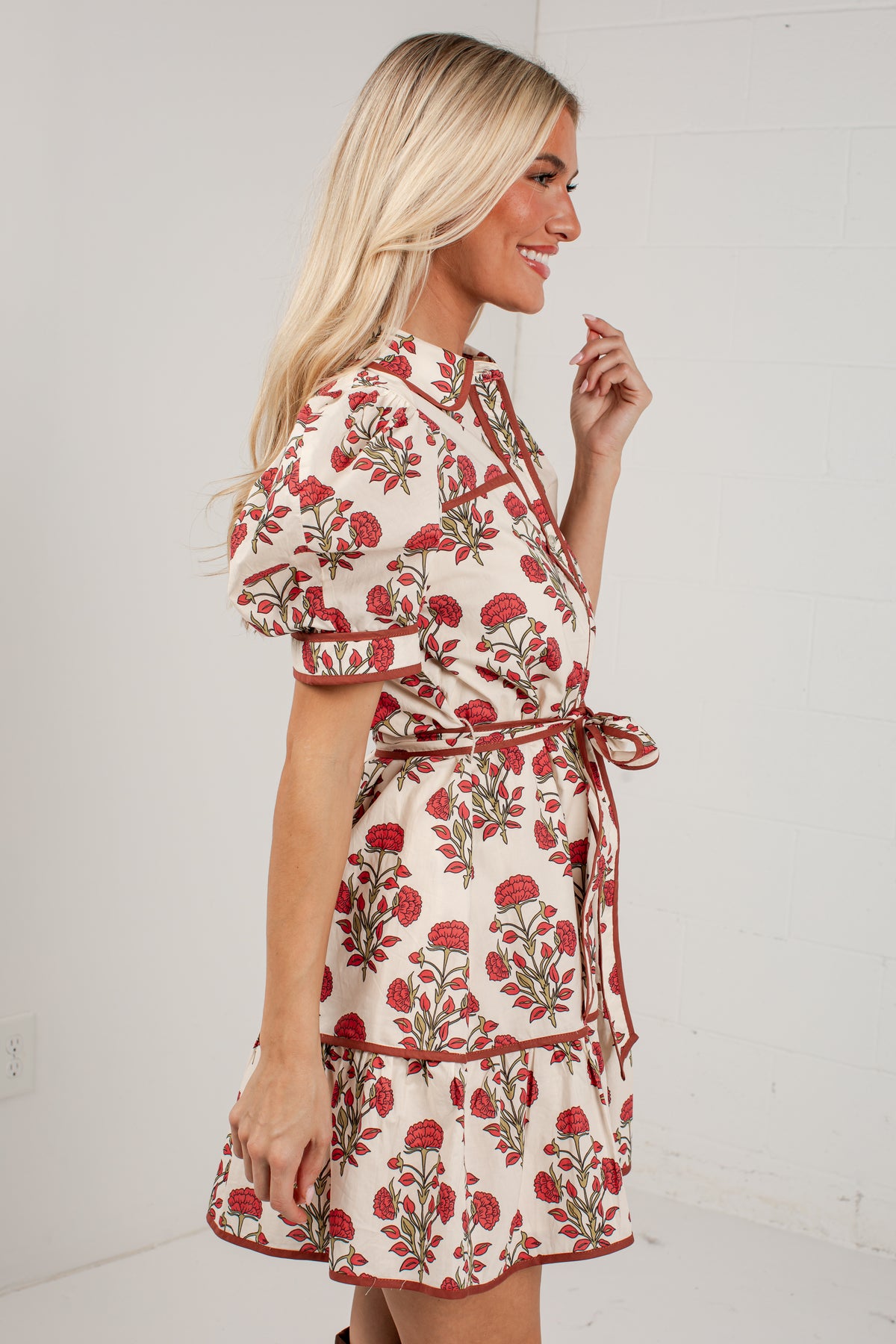 Countryside Charm Ivory Floral Belted Mini Dress