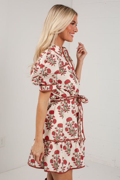 Countryside Charm Ivory Floral Belted Mini Dress