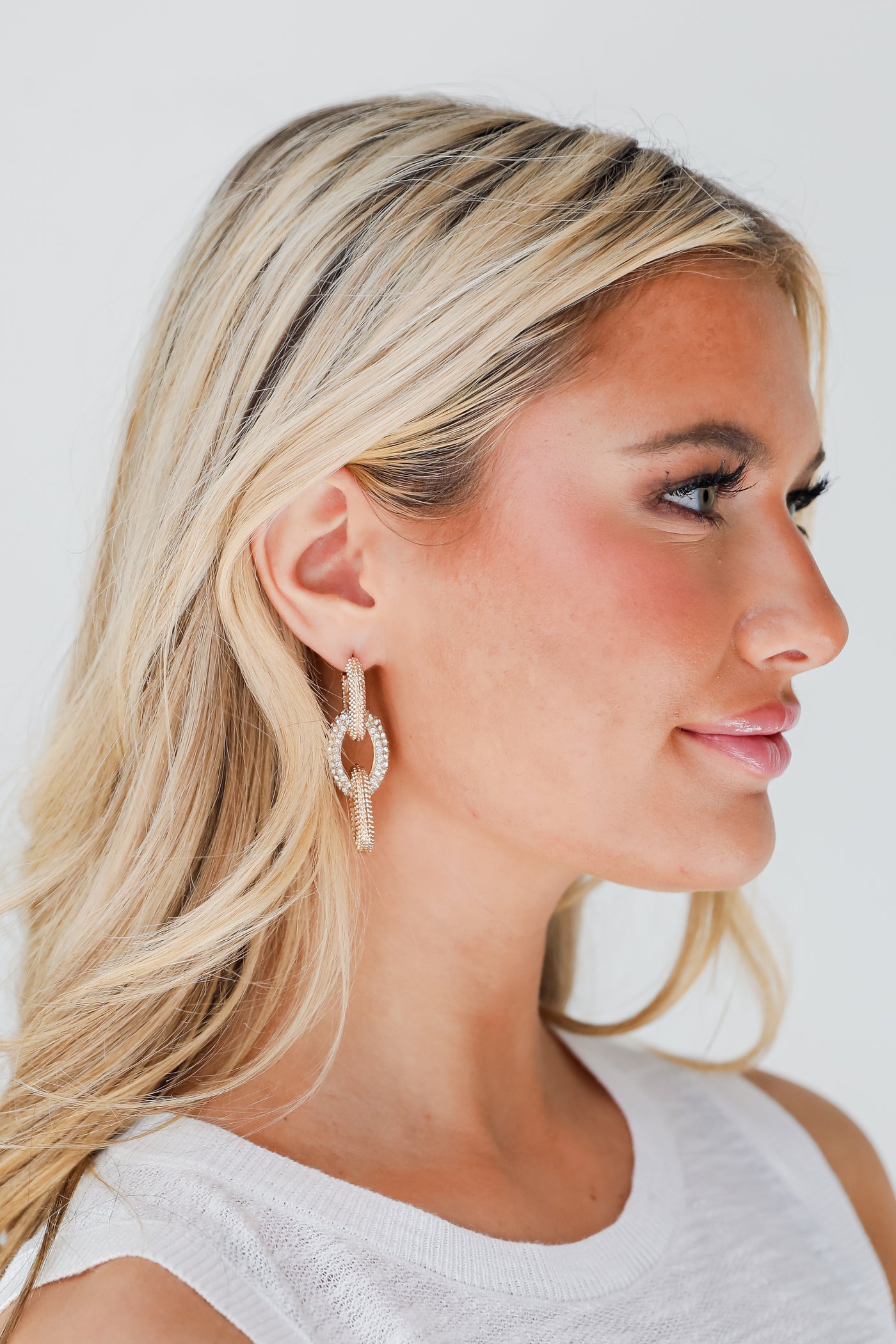 Gold Rhinestone Chainlink Drop Earrings on model