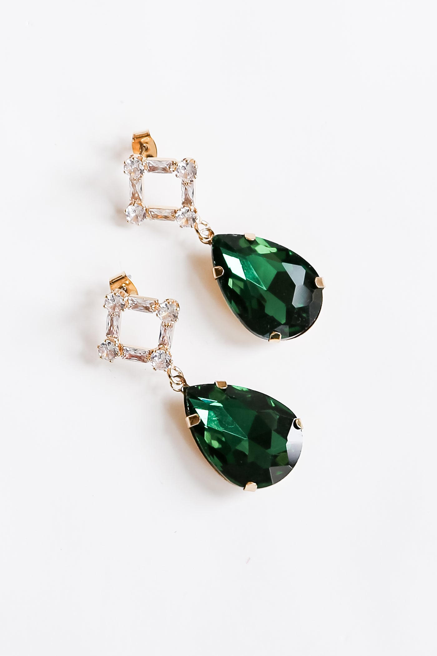 green Gemstone Drop Earrings flat lay