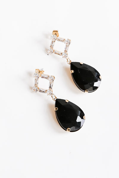 black Gemstone Drop Earrings close up