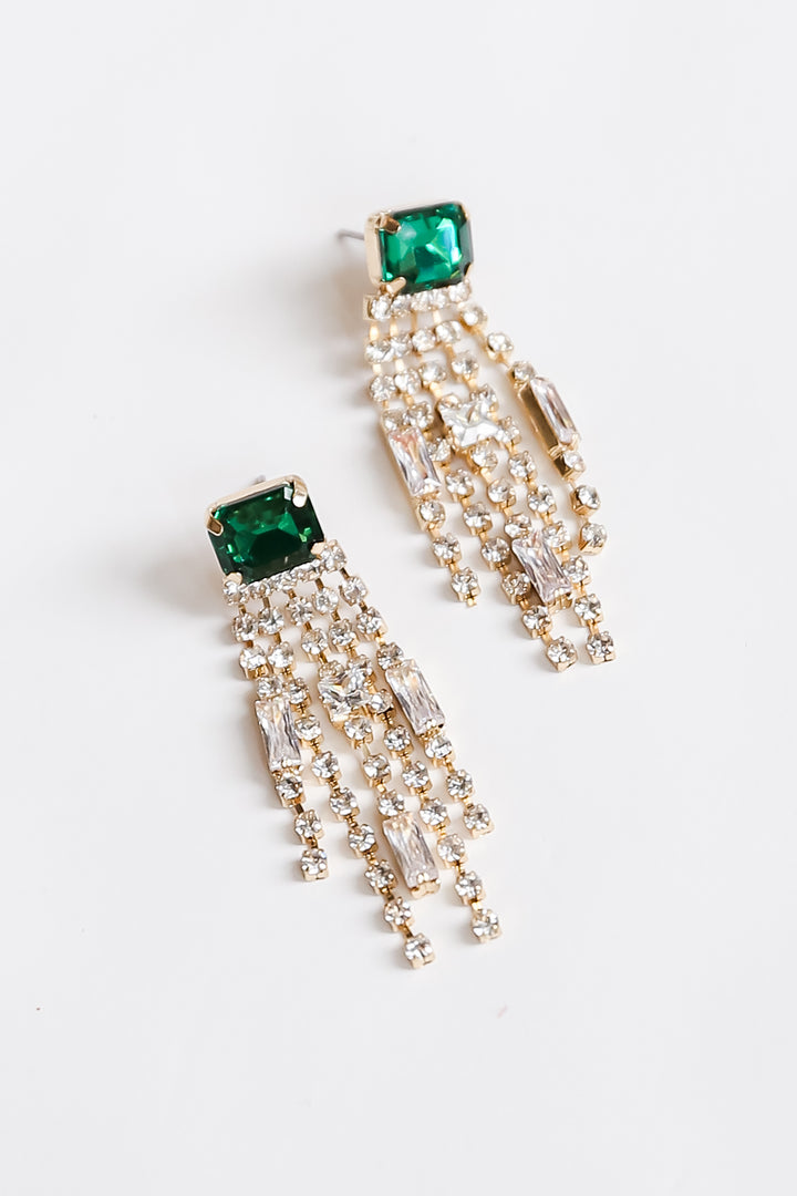 Green Rhinestone Fringe Earrings close up