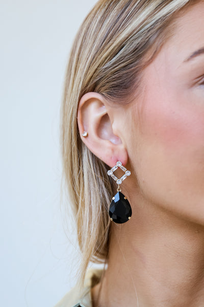 black Gemstone Drop Earrings on model
