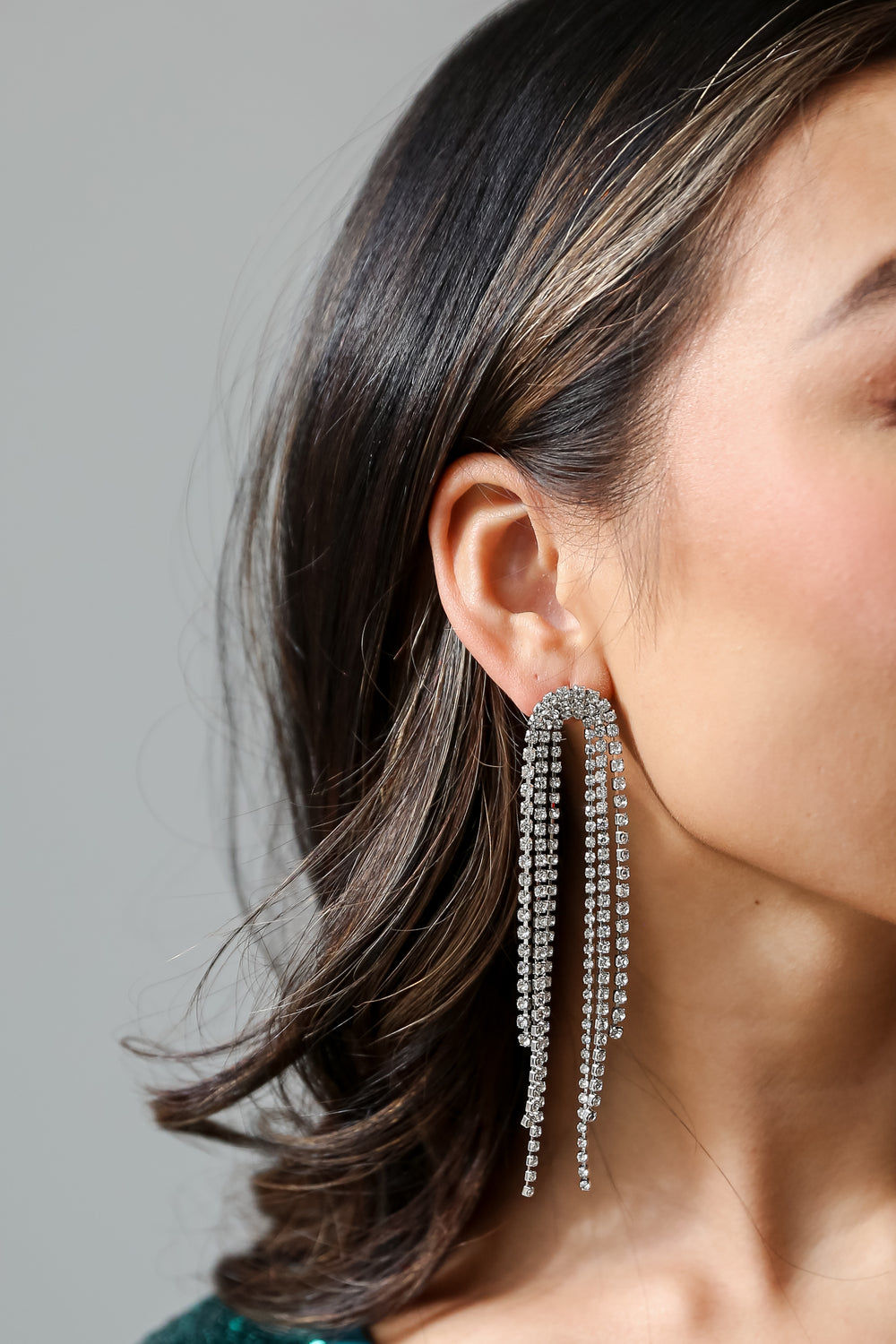 Silver Rhinestone Fringe Earrings on model