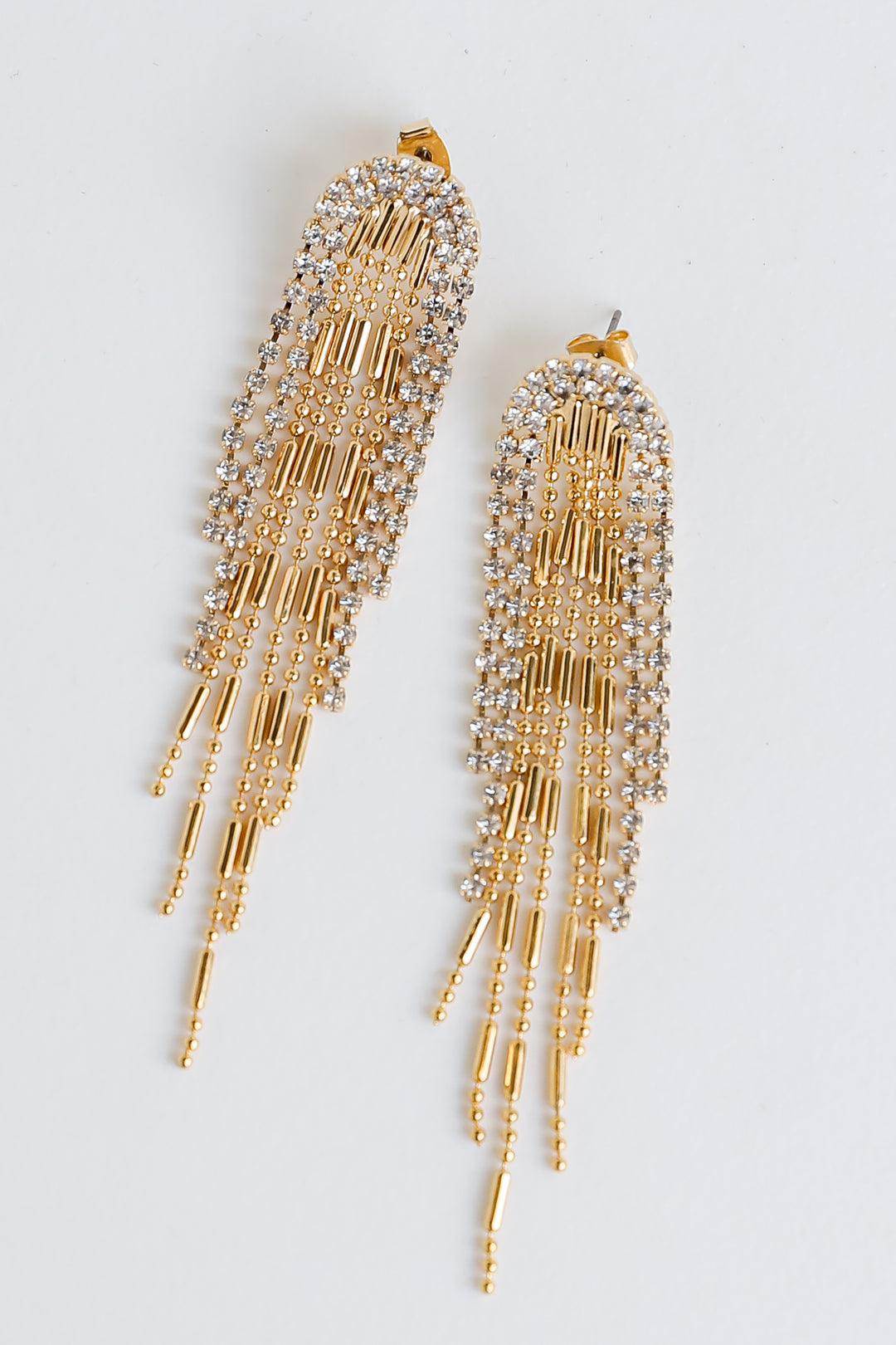 Gold Rhinestone Fringe Earrings close up