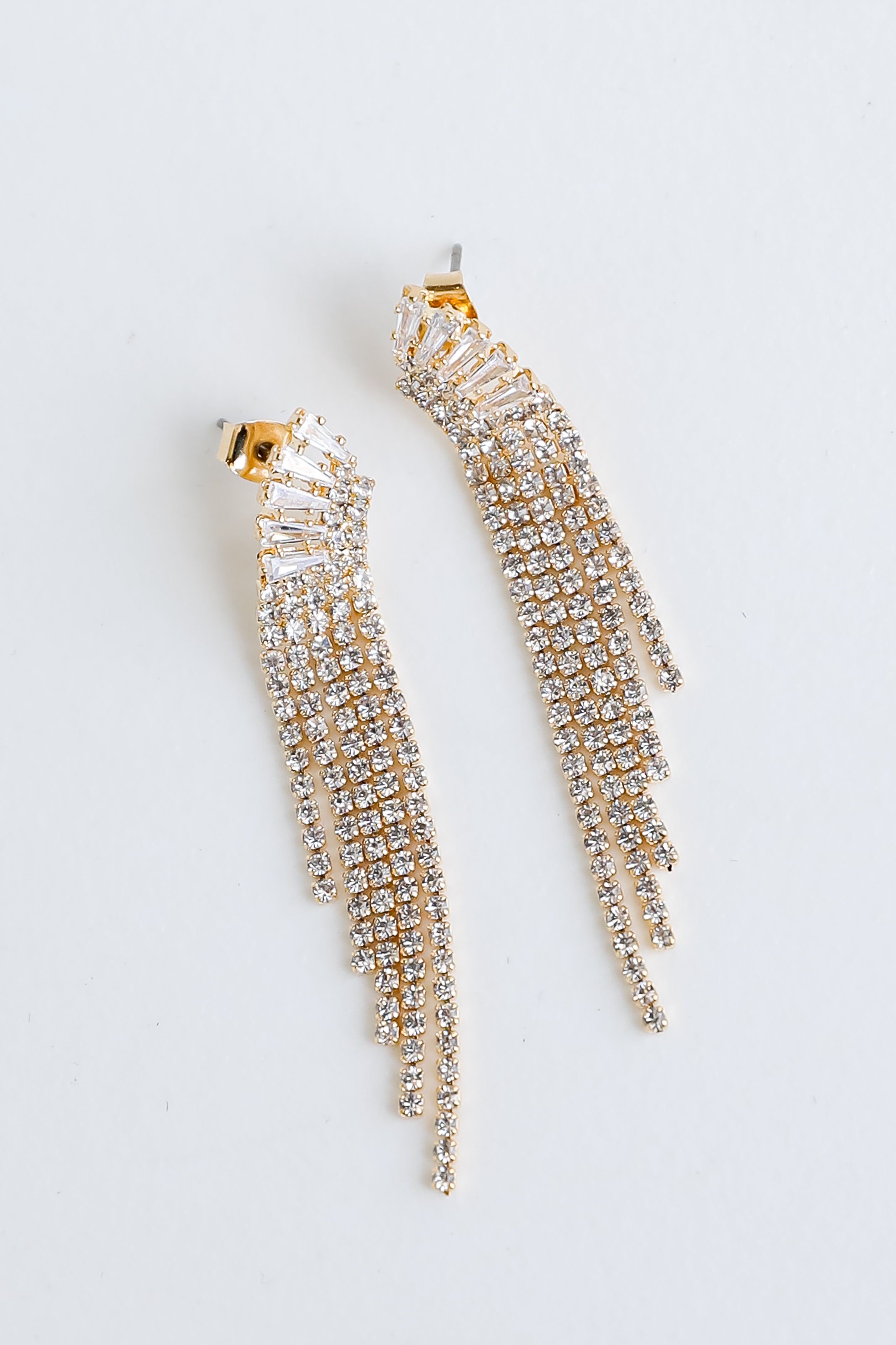 Gold Rhinestone Fringe Earrings flat lay