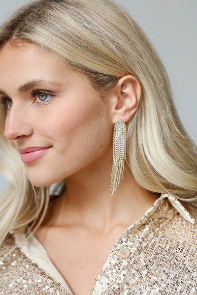 Gold Rhinestone Fringe Earrings on model