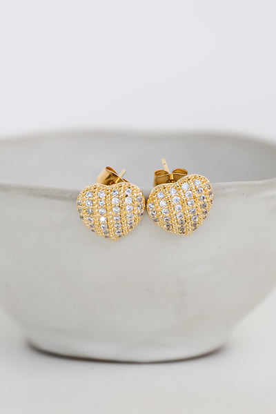 Gold Rhinestone Heart Stud Earrings