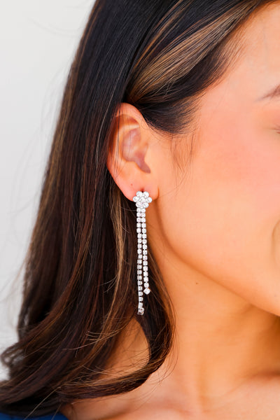 Silver Flower Rhinestone Fringe Earrings