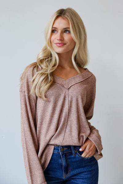 Taupe Brushed Ribbed Knit Top on model