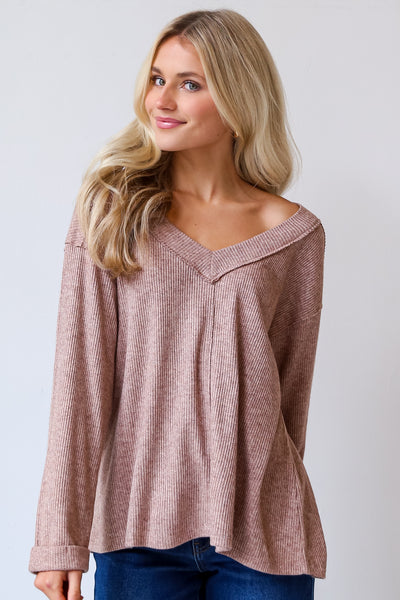 Taupe Brushed Ribbed Knit Top on dress up model
