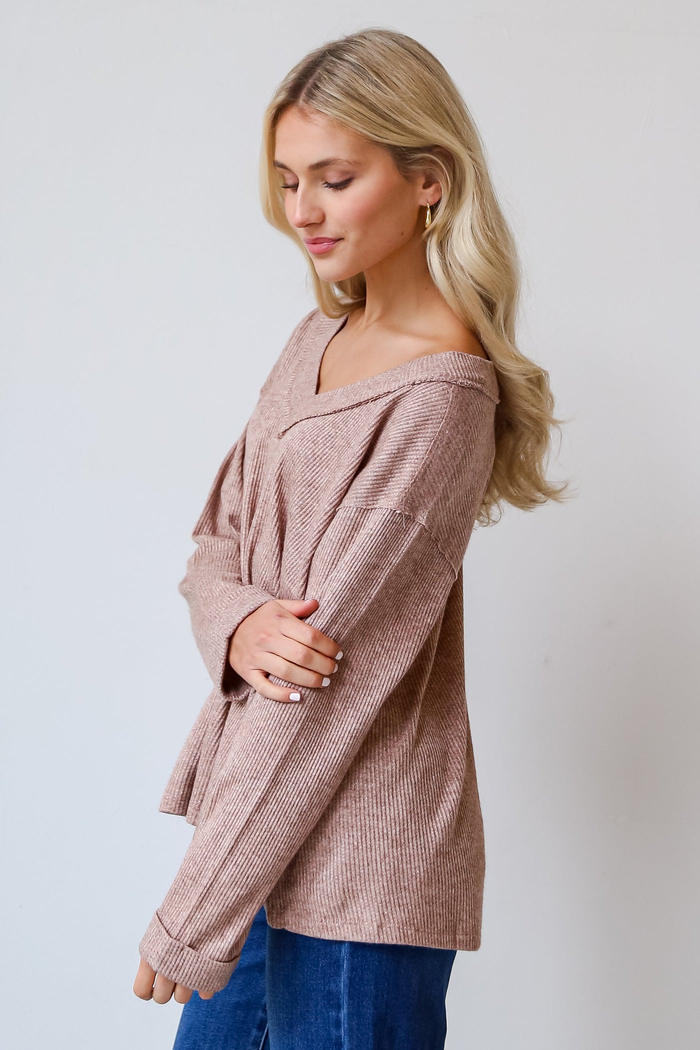 Taupe Brushed Ribbed Knit Top side view