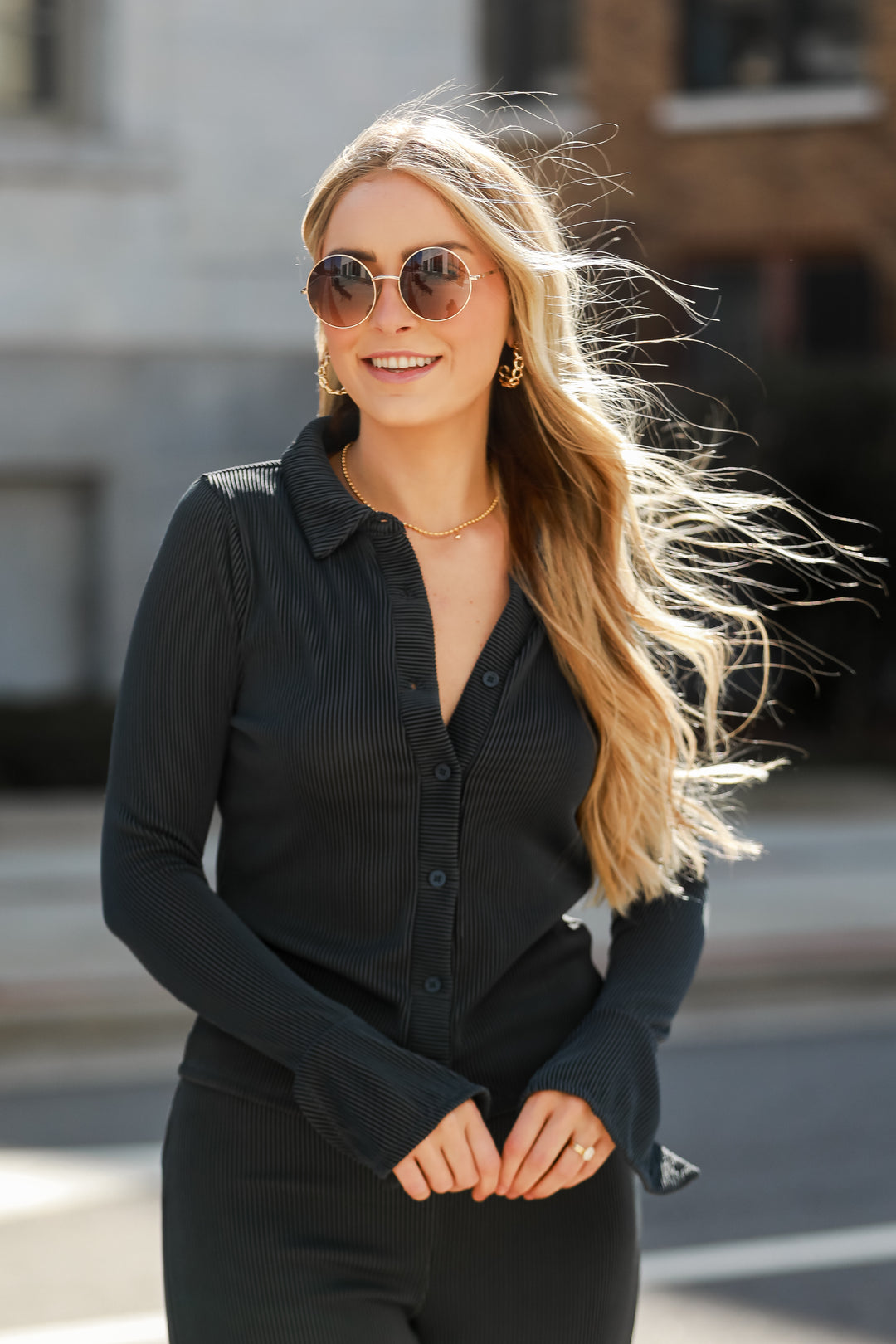 Charcoal Ribbed Knit Button-Up Blouse