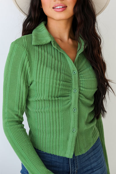green Brushed Ribbed Knit Collared Top close up