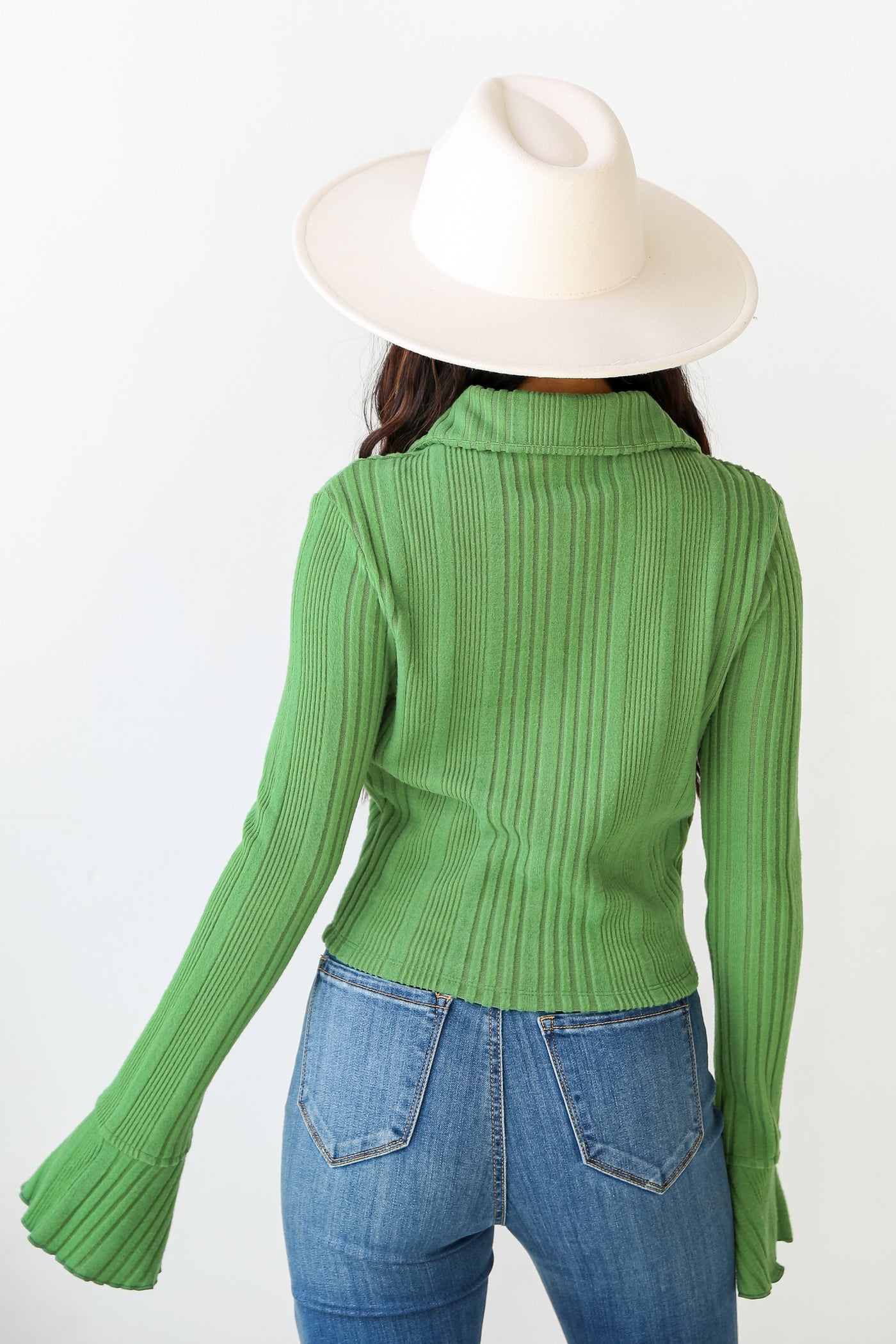 green Brushed Ribbed Knit Collared Top back view