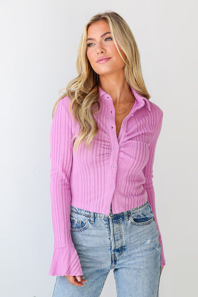 pink Brushed Ribbed Knit Collared Top front view