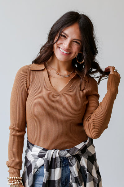 cute Camel Ribbed Collared Top