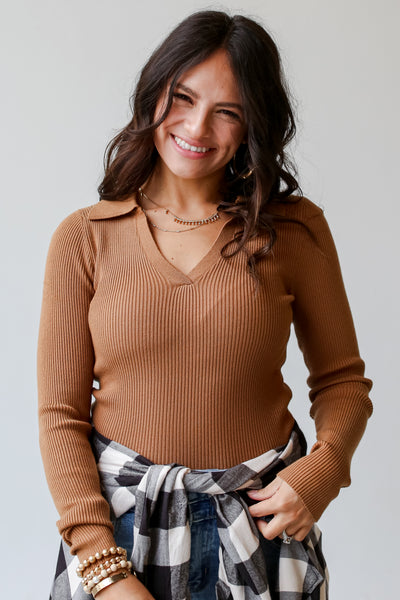 Camel Ribbed Collared Top front view