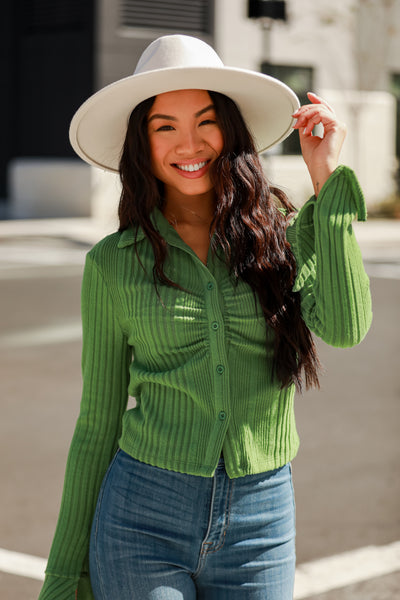 green Brushed Ribbed Knit Collared Top