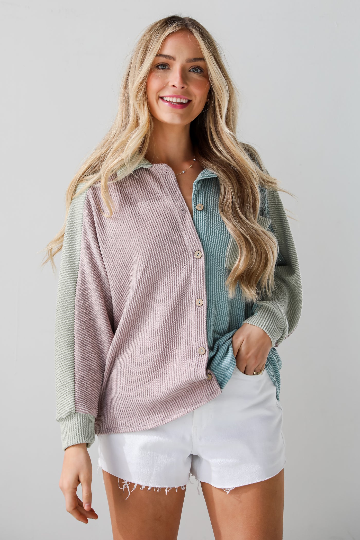 trendy Corded Color Block Oversized Button-Up Top