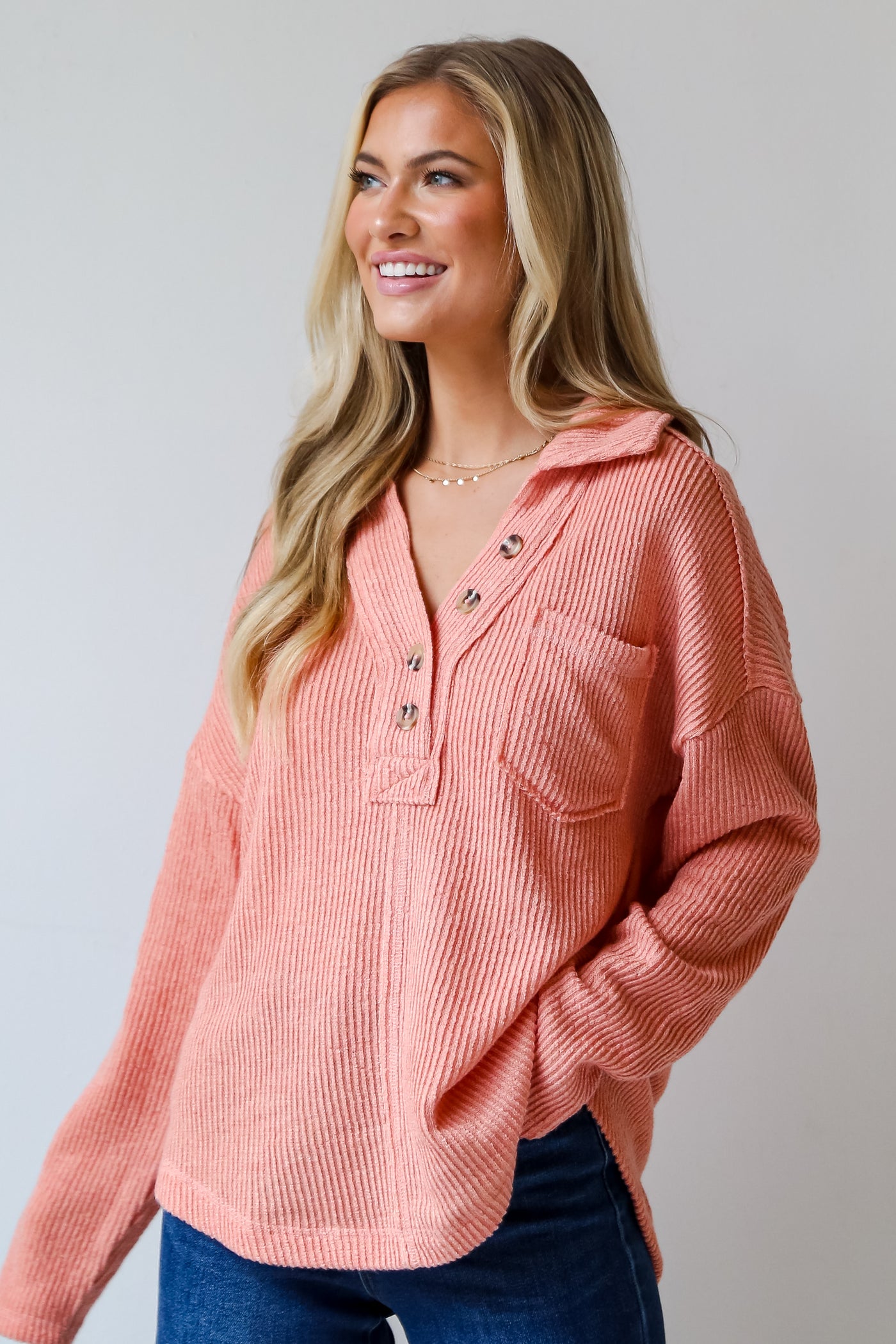 blush Collared Henley Knit Top front view