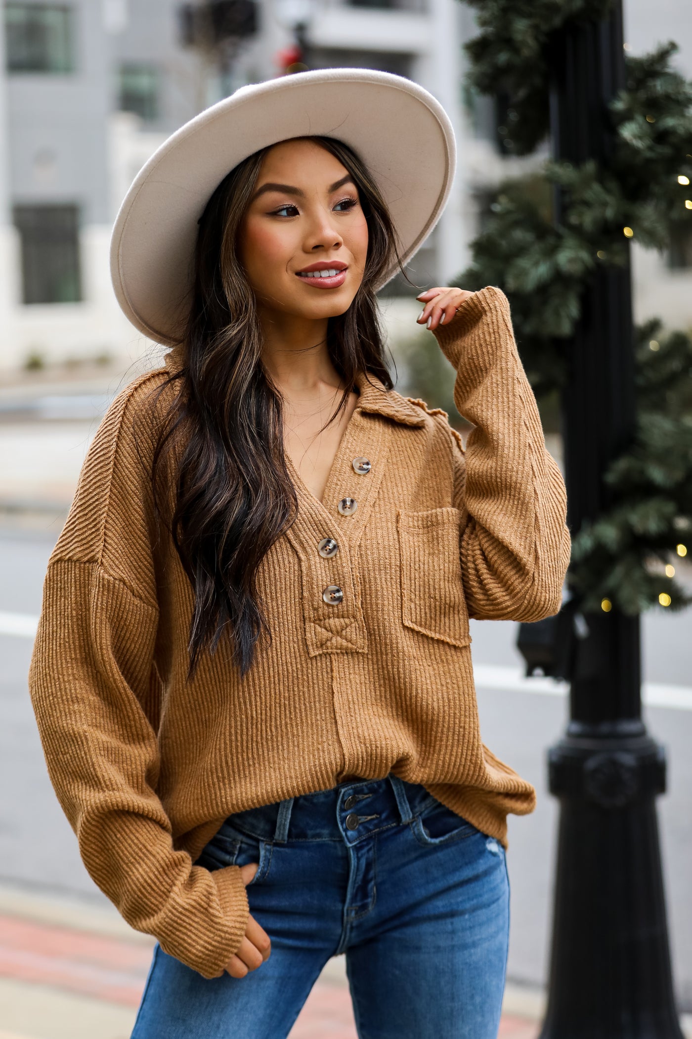 brown Collared Henley Knit Top