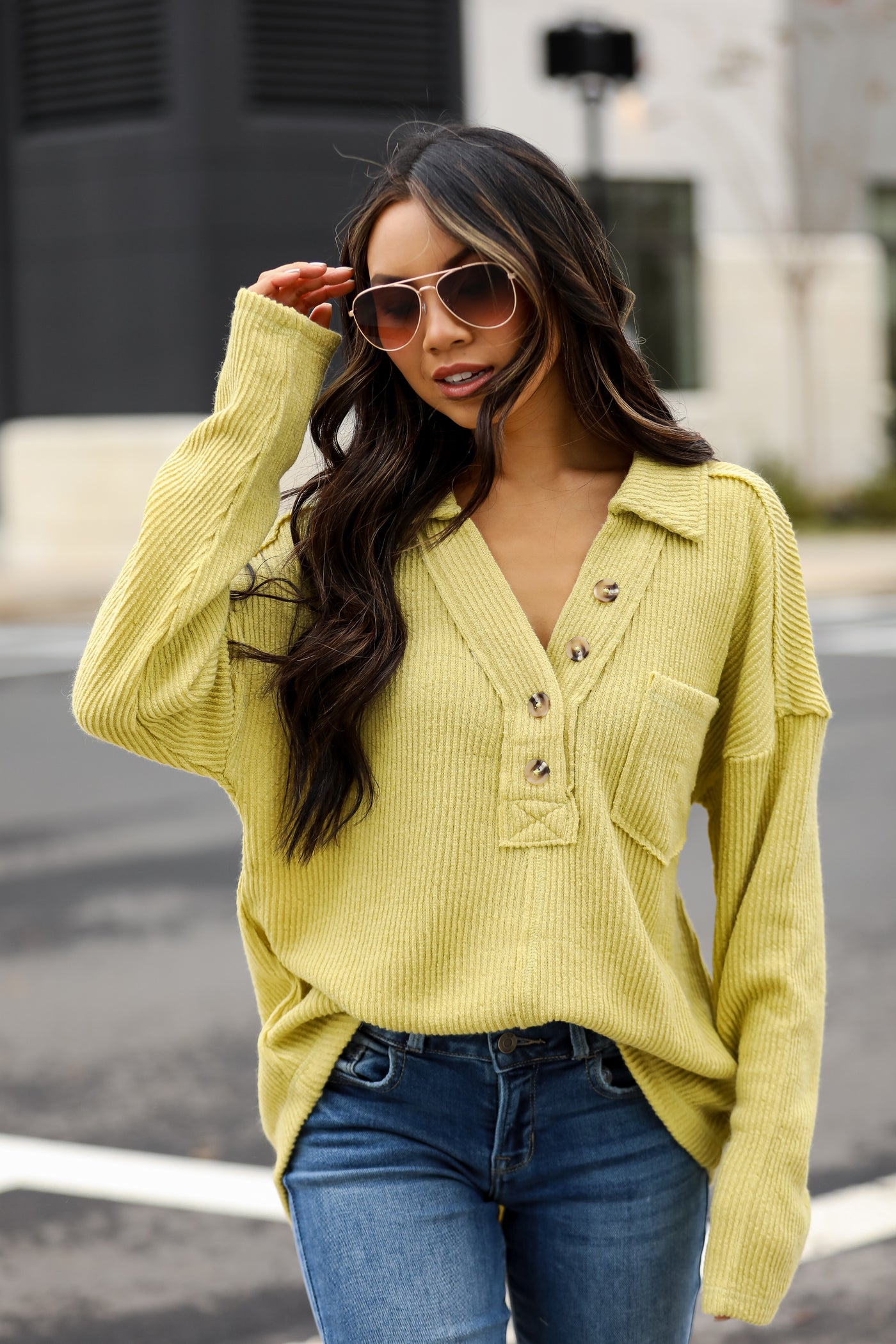 cute green Collared Henley Knit Top