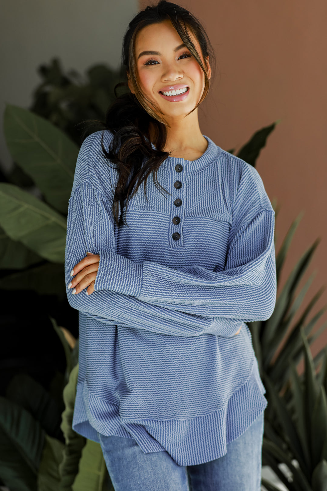 blue Corded Henley Top