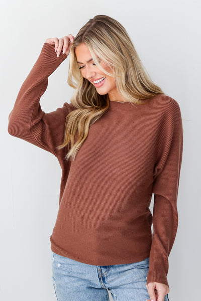 brown Ribbed Knit Sweater front view