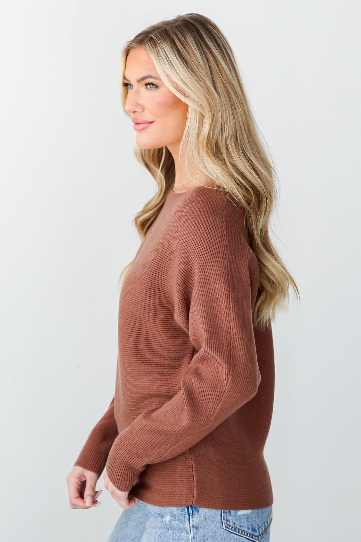 brown Ribbed Knit Sweater side view
