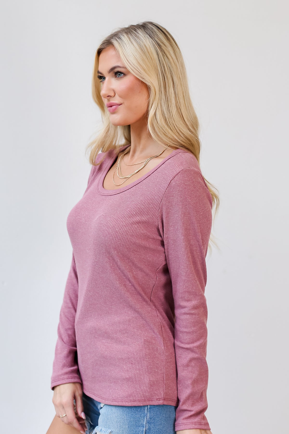 Basic Pink Ribbed Knit Top Casual Tops For Women Dress Up