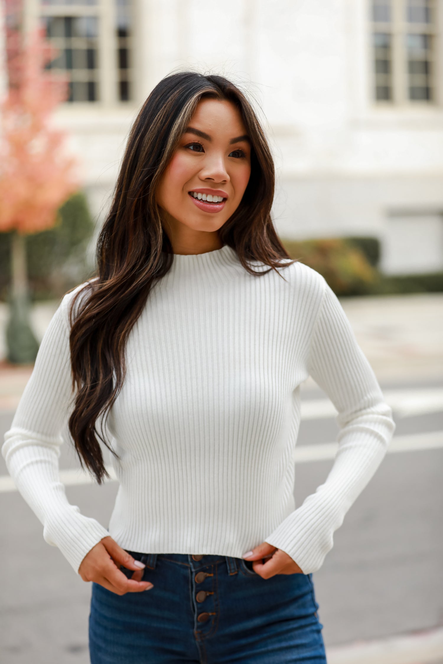 basic white Ribbed Mock Neck Top