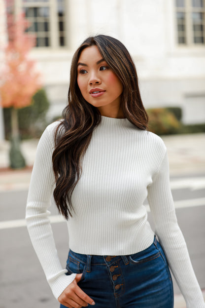 white Ribbed Mock Neck Top