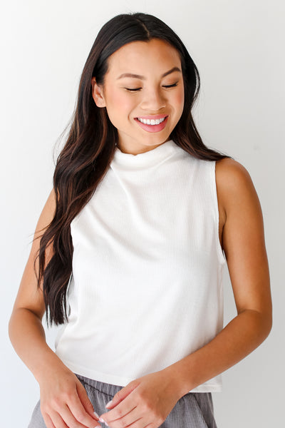white Corded Mock Neck Tank front view