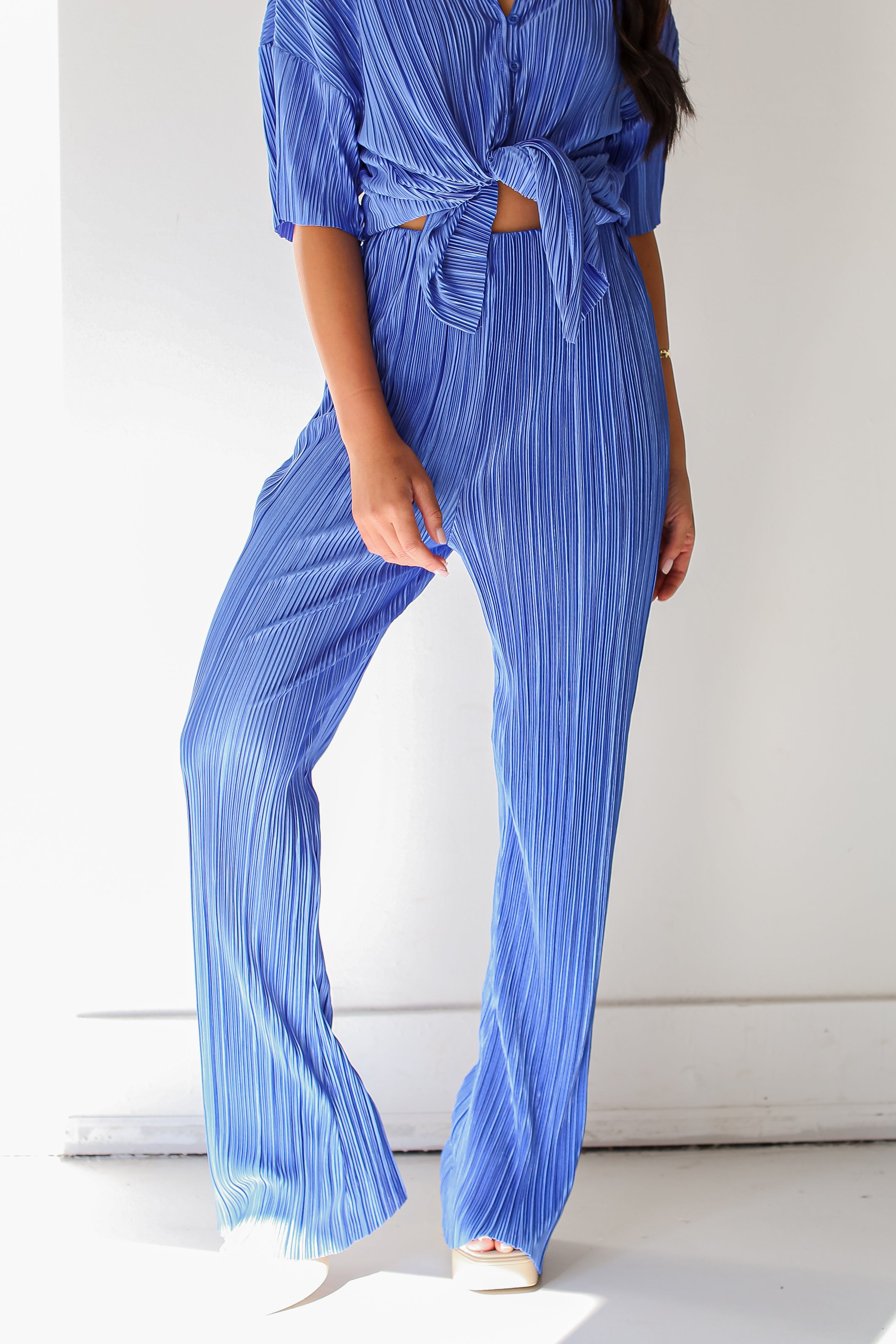 blue Plisse Satin Pants close up