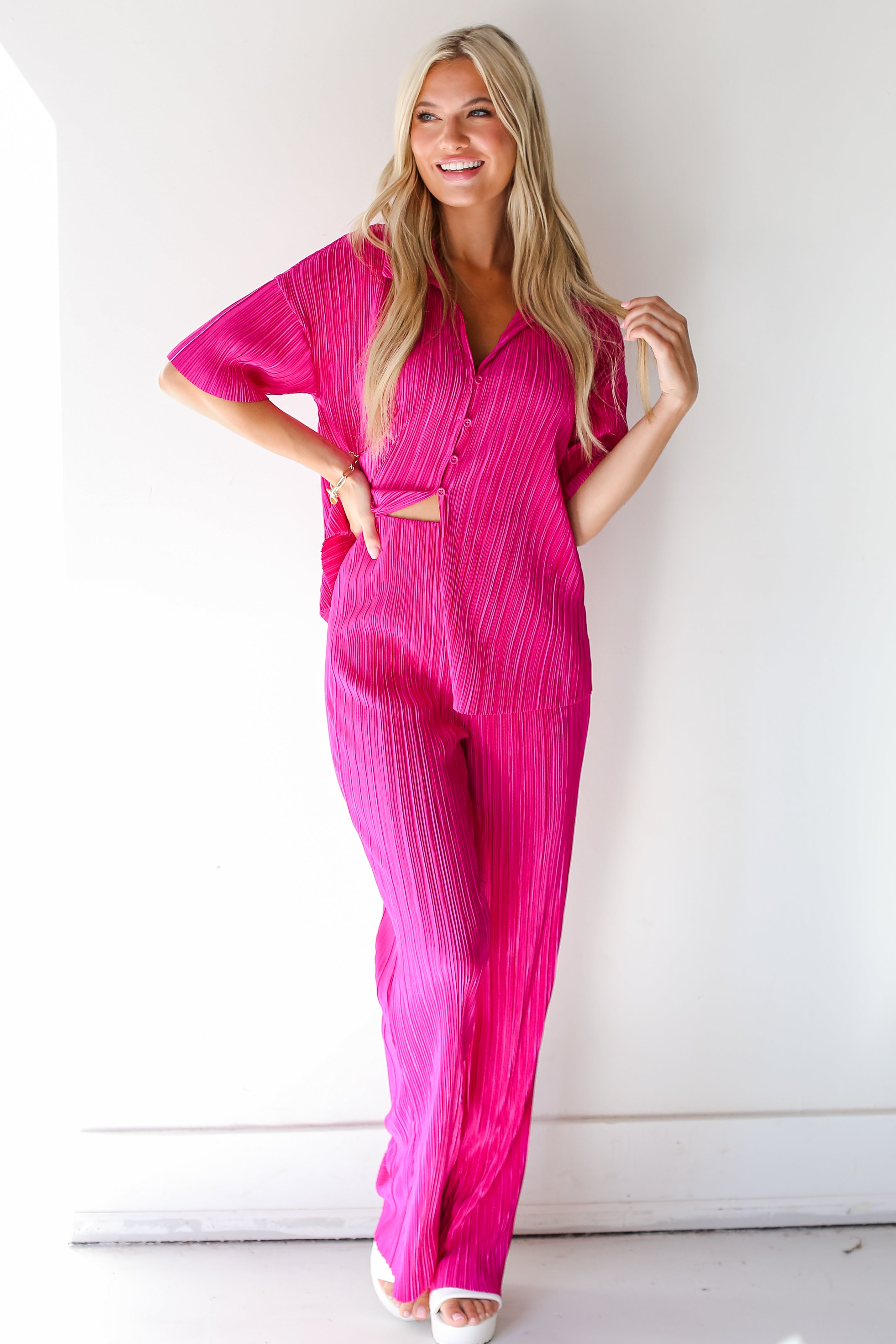pink Plisse Satin Pants on model
