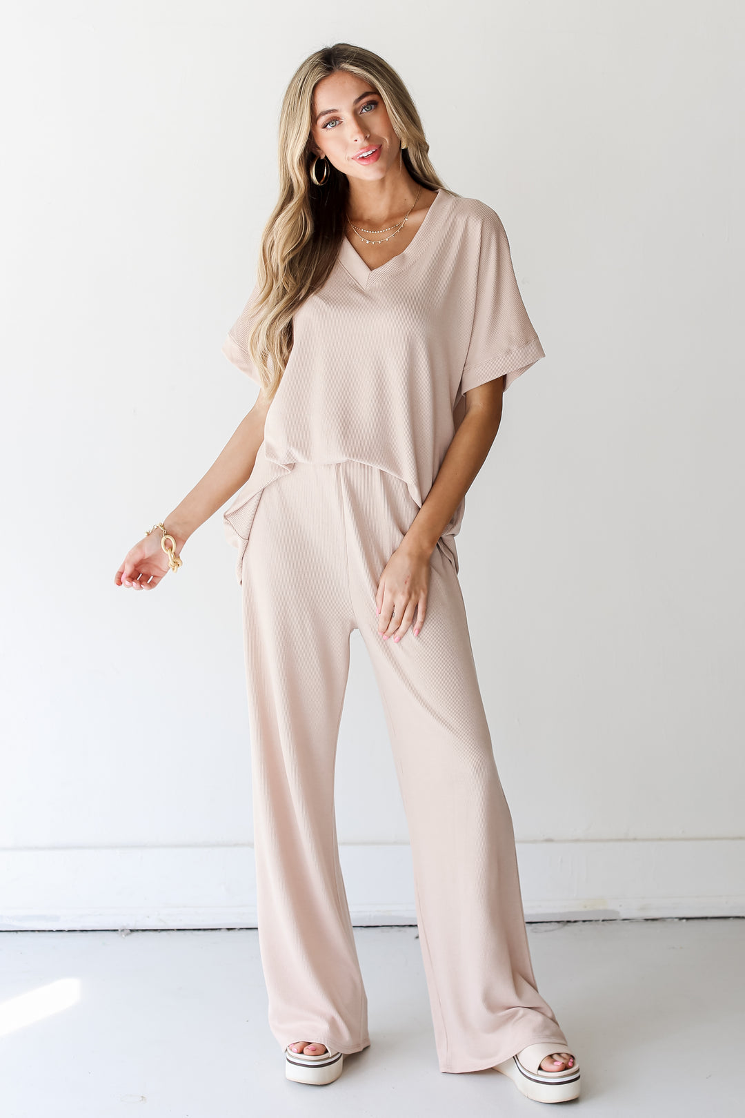 taupe Corded Lounge Pants front view