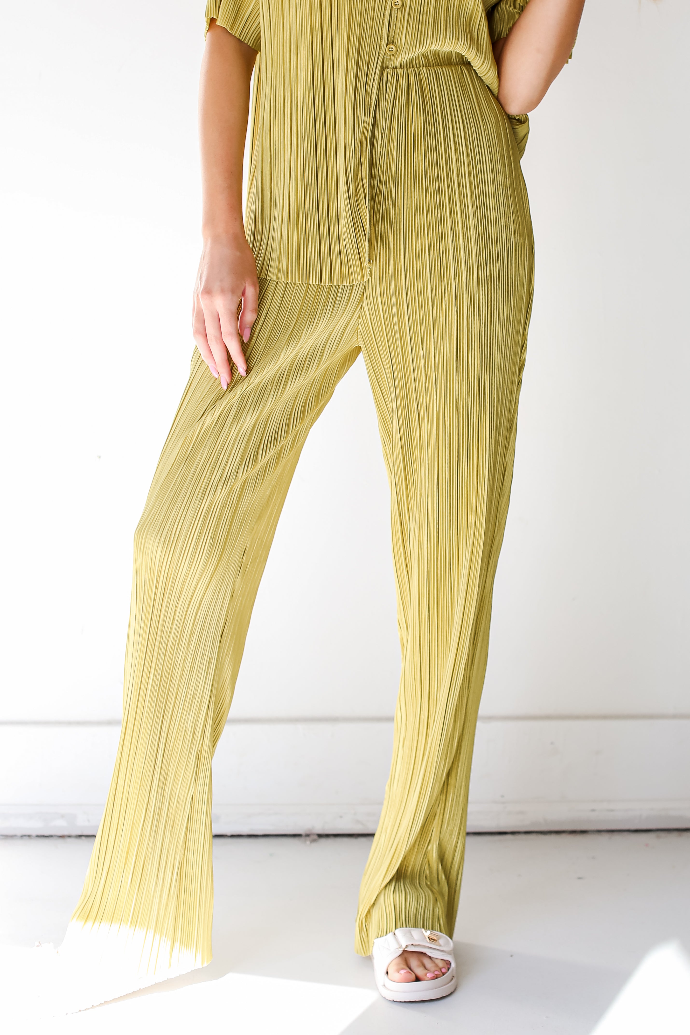 lime Plisse Satin Pants close up