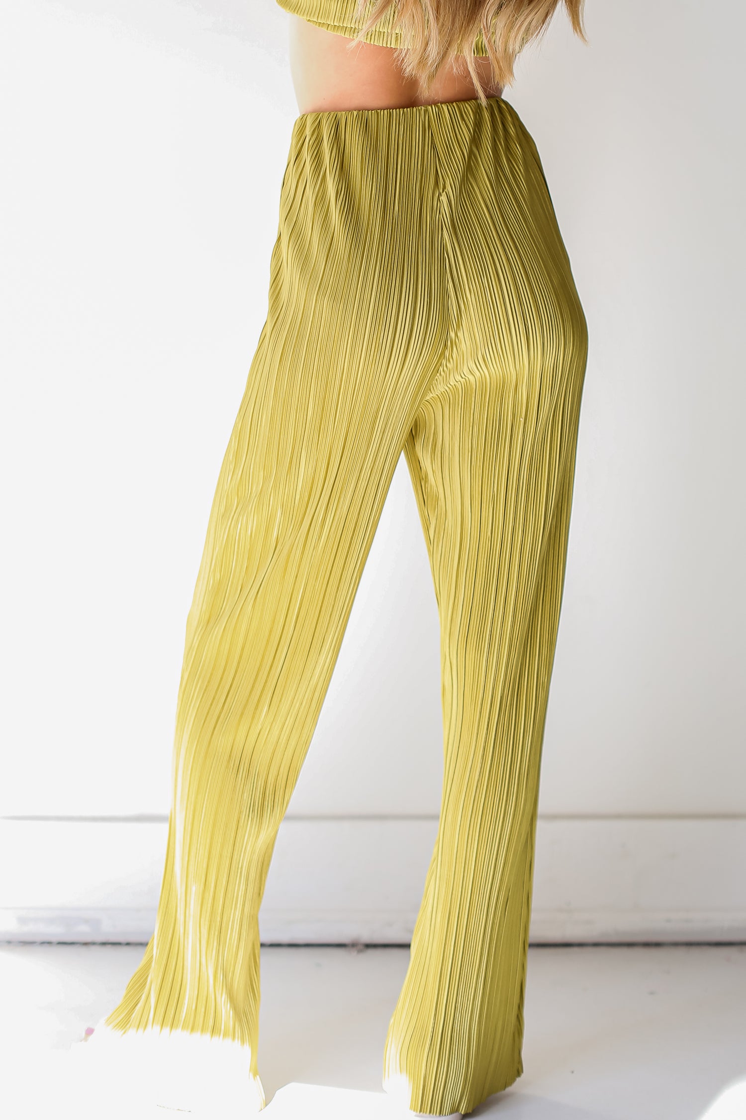 lime Plisse Satin Pants back view