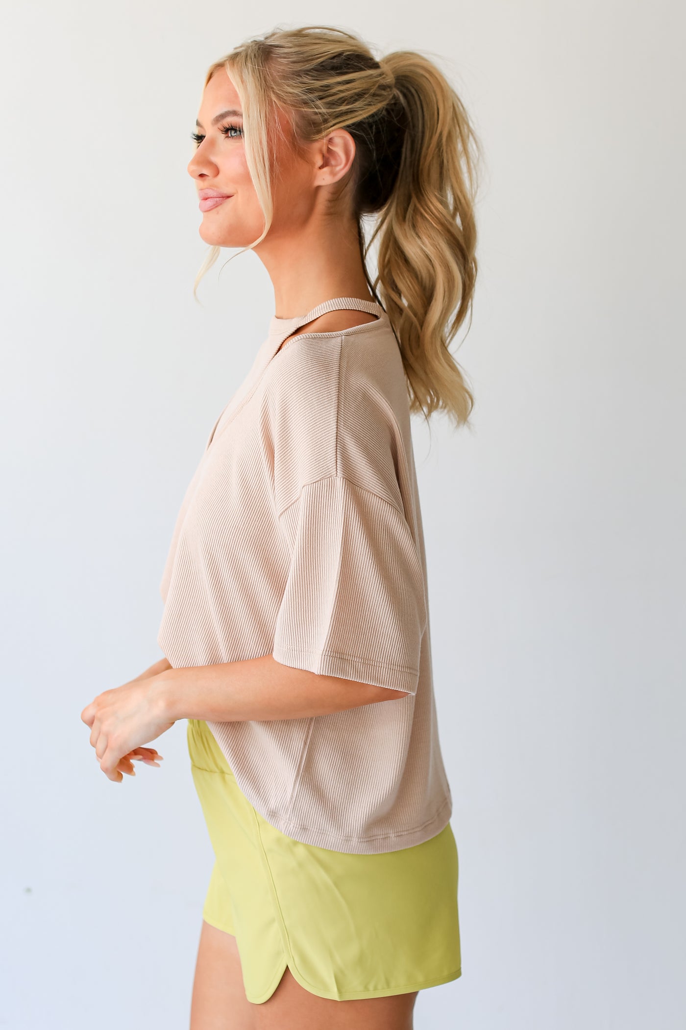 taupe Ribbed Cutout Tee side view